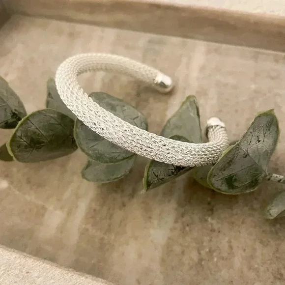925 Sterling Silver Woven Mesh Cuff Bracelet Silver Bangle Bracelet - Picture 4 of 5
